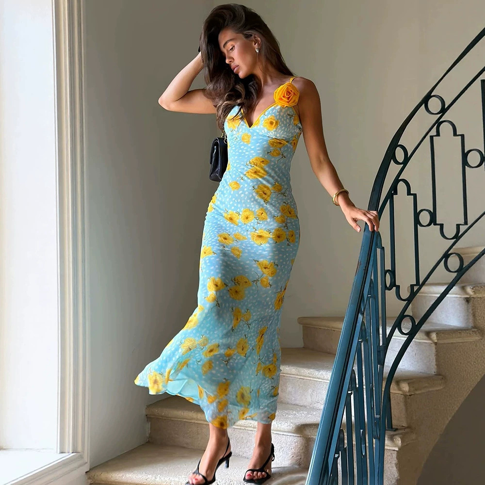 ZARA New Arrival Holiday Casual Cami Dress Sexy Printed Backless Long Dress